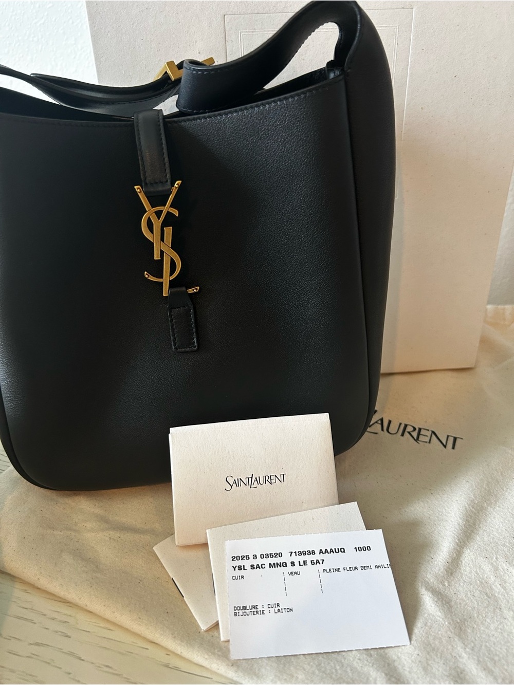 Saint Laurent Black Leather Shoulder Bag with Gold YSL Charm